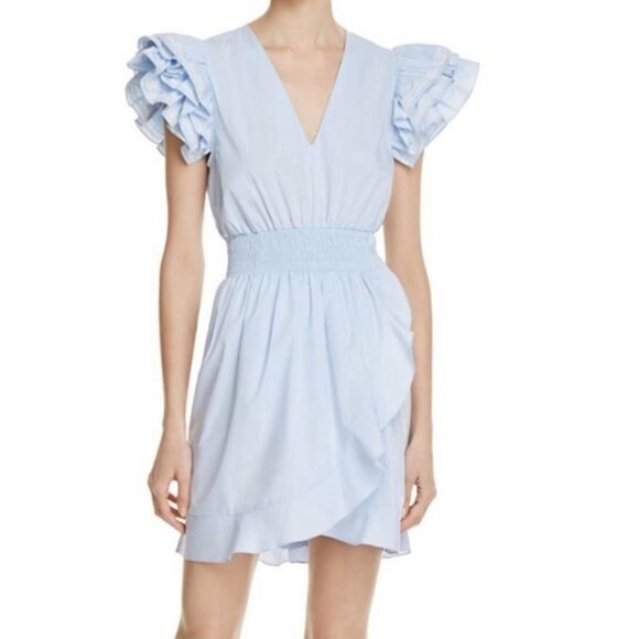Sandro Paris Blue Camia Ruffle Chambray Mini Dress - Picture 1 of 12
